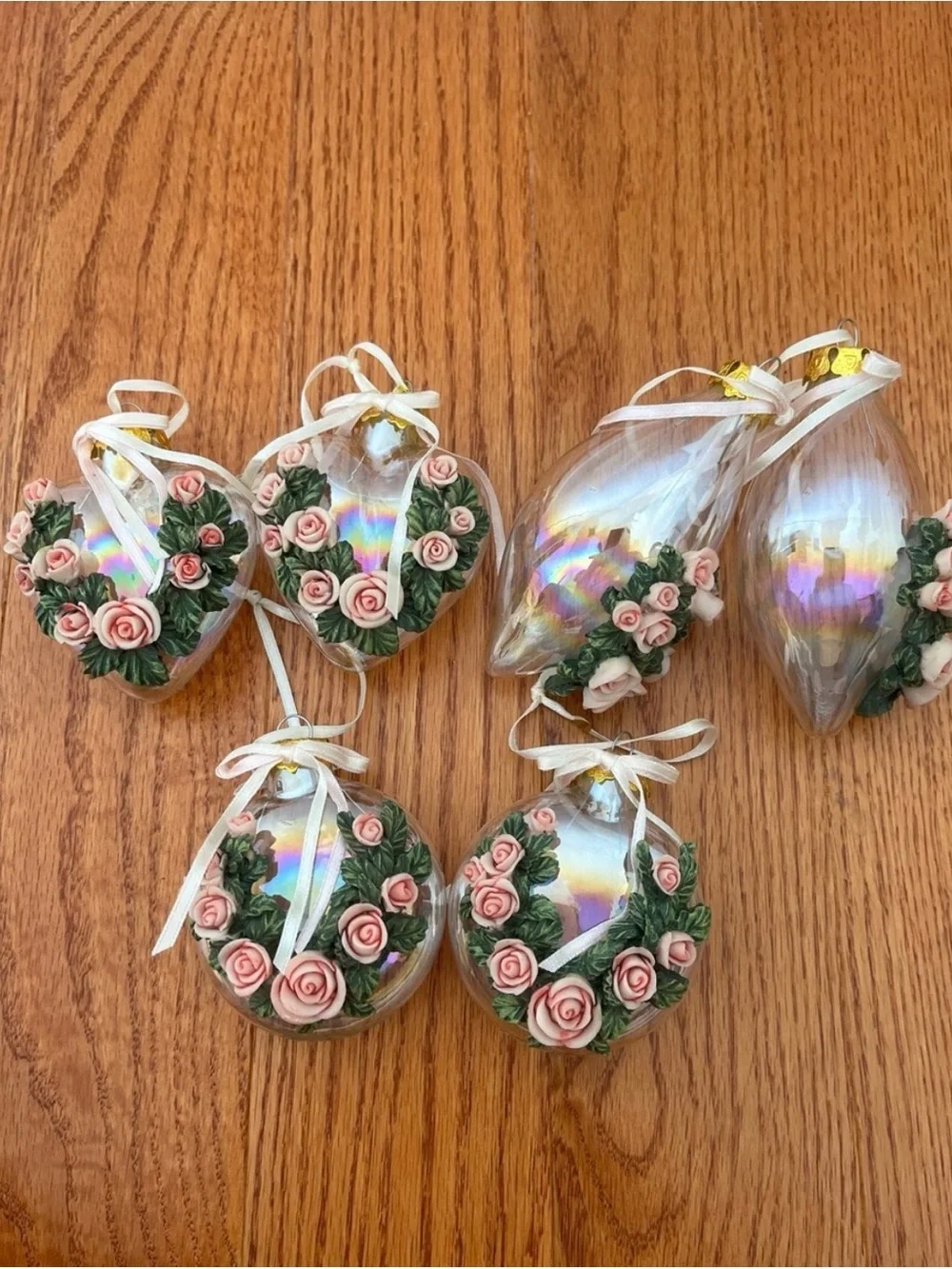 Vintage Victorian Pink Rose Iridescent Christmas Ornaments Set of 6